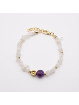 Taş Sandığı Ay Taşı Kırık Taş Bileklik - Ametist Taşlı - Altın Renkli
