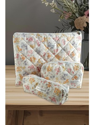 Çiçek Desenli Kalem Makyaj Labtop Bilgisayar Set Çantası