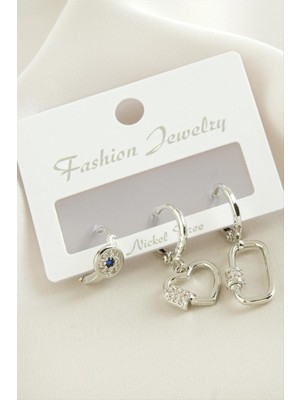 3 Adet Kalp Zirkon Taşlı Küpe