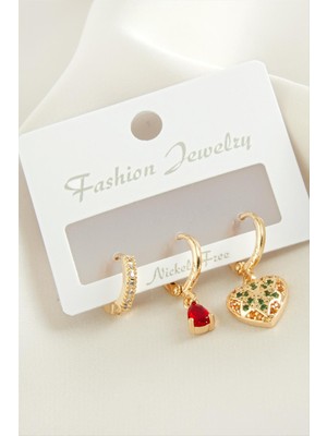 3 Adet Kalp Zirkon Taşlı Küpe