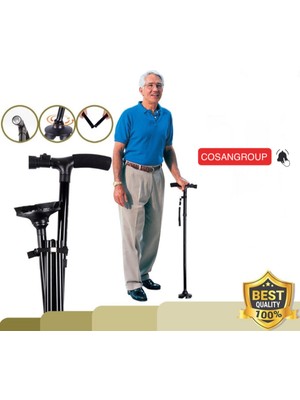 cosangroup Ayarlanabilir Katlanır Baston - Ayarlanabilir Baston - LED Işıklı Katlanabilir Baston – Yüksekliği Ayarlanabilir, Döner Dörtlü Ayaklı, Alüminyum Yürüyüş Bastonu - (82–97 Cm)
