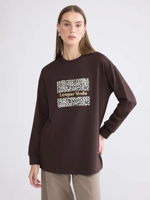 LC Waikiki Kahverengi Baskılı Oversize Kadın Sweatshirt Tunik  (W5)