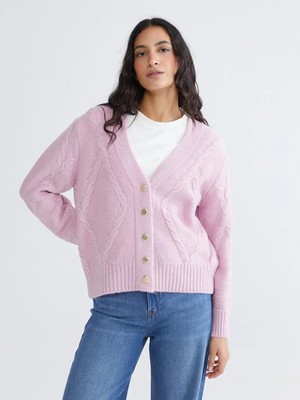 LC Waikiki Pembe V Yaka Kendinden Desenli Kadın Triko Hırka  (W5)