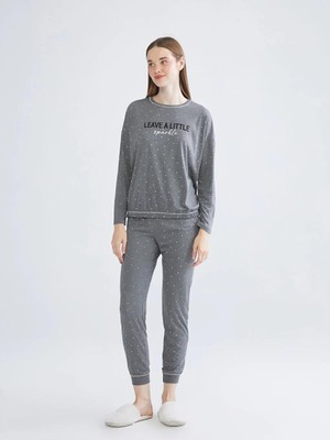 LC Waikiki Gri Bisiklet Yaka Baskılı Kadın Pijama Takımı  (W5)