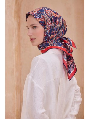 Belli Twill Ipek Eşarp - 4101-36 Lacivert Kırmızı
