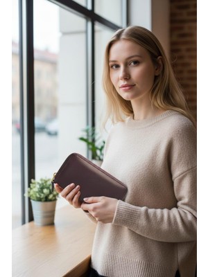 Basarideri Fermuarlı Hakiki Deri Kadın Cüzdanı 423 Mürdüm