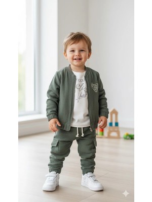 Bontino Erkek Çocuk Sweatshirt, Hırka ve Pantolonlu %100 Pamuk 3'lü Spor Takım
