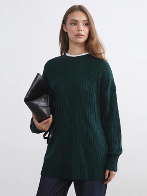 LC Waikiki Yeşil Bisiklet Yaka Kendinden Desenli Kadın Triko Kazak  (W5)