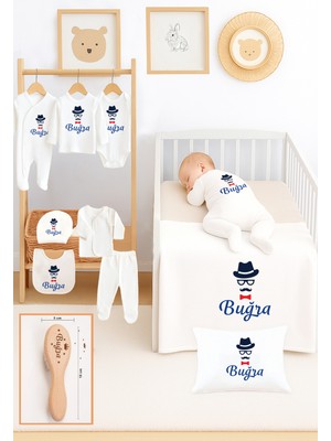 Sitilin Kız Erkek Bebek %100 Pamuk Organik Baskılı Isimli Hastane Çıkışı Yenidoğan Isimli Fırça Hediye