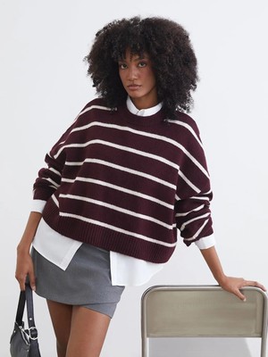 LC Waikiki Bisiklet Yaka Çizgili Oversize Kadın Triko Kazak  (W5)