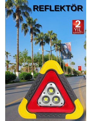 Verto Reflektör Güneş Panelli Solarlı Şarjlı Üçgen Işıklı Trafik Reflektör Fener