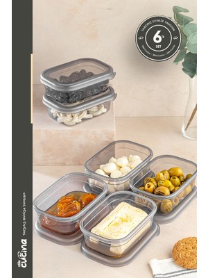 Stile Cucina 6lı Büyük Boy Dikdörtgen Plastik Kapak Kahvaltılık Seti 400 ml Antrasit Erzak Kavanoz Seti