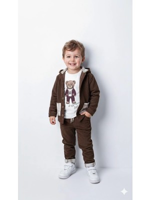 Bontino Erkek Çocuk %100 Pamuk Kadife Hırka, Pantolon ve Ayıcık Baskılı Uzun Kollu Sweatli 3'lü Premium Seri