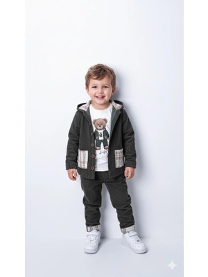 Bontino Erkek Çocuk %100 Pamuk Kadife Hırka, Pantolon ve Ayıcık Baskılı Uzun Kollu Sweatli 3'lü Premium Seri