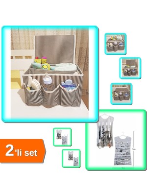 Hereveoyuncak 5 Bölmeli Kapaklı Bebek Beşik Başucu + Siyah Çizgili Çift Taraflı Takı - 2li Organizer Set S1U4M0