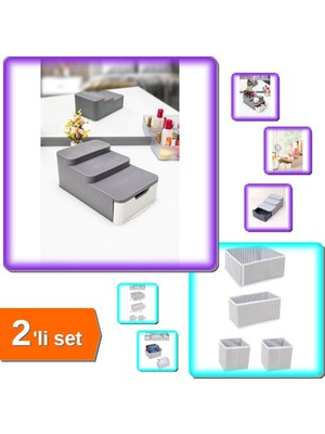 Hereveoyuncak 4 Adet Çekmece Düzenleme Kutu Organizer + Compact Çekmeceli Makyaj Organizeri - 2li Set S9B1D1