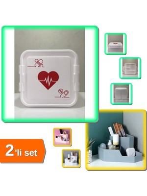 Hereveoyuncak Ilk Yardım Saklama Ecza Kutusu + Çok Amaçlı Masaüstü Köşe Makyaj Düzenleyici - 2li Set Z4H6T4