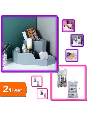 Hereveoyuncak Masaüstü Köşe Düzenleyici + Siyah Çizgili Elbise Şeklinde Çift Taraflı Takı Organizer - 2li Set Q2T6