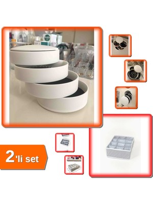Hereveoyuncak 4 Katlı Dönebilen Silindir Takı Organizer + Pratik 12 Bölmeli Çekmece Düzenleyici - 2li Set M6A3R7