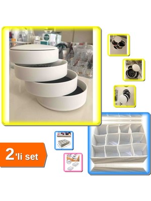 Hereveoyuncak 4 Katlı Dönebilen Silindir Takı Kutusu + 12 Bölmeli Çekmece Düzenleyici Organizer - 2li Set W9A4T4
