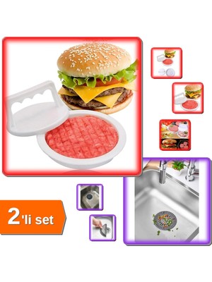 Hereveoyuncak Hamburger Yapma Aparatı Pres ve Köfte Kalıbı - Yuvarlak Silikon Gider Küvet Süzgeci - 2li Set V3H8R4