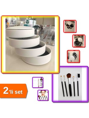 Hereveoyuncak 4 Katlı Dönebilen Silindir Takı Organizer + 5 Parça Makyaj Fırçasısı - 2li Makyaj Set X6Y5A8