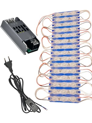 Powerr Led Aydınlatma 20 Adet 12 Volt 1.5 Watt 3 Lensli Mavi 2835 Smd LED Modül IP65 Modül 5A Trafo ve Arapurlu Güç Kablolu Set