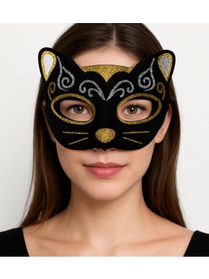 Kadife Dokulu Sim Detaylı Işıltılı Kedi Maskesi Altın Gümüş 20X13 cm (Store-Mania)