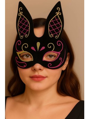 Siyah Renk Kırmızı Gold Simli Siyah Süet Kaplama Tavşan Maskesi 18X16 cm (Store-Mania)