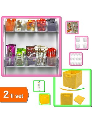 Hereveoyuncak 12 Adet Buzdolabı Içi Mini Düzenleyici Kutu + Çok Amaçlı Dolap Içi Sarı Organizer Kutu - 2li Set V2Q