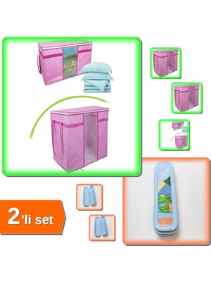 Hereveoyuncak Pencereli Saklama Hurcu Pembe Beyaz Çizgili + Mavi Kapaklı Kalemlik Diş Fırçası Kutusu - 2li Set N9S