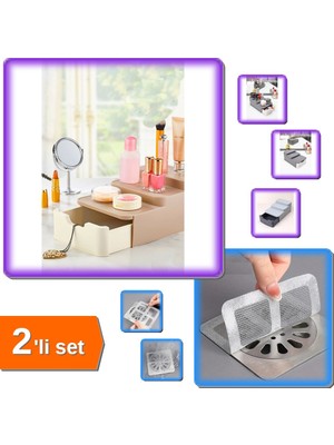Hereveoyuncak Compact Çekmeceli Standlı Makyaj Organizeri + 10 Adet Yapışkanlı Banyo Gider Koruyucu - 2li Set E2Y9