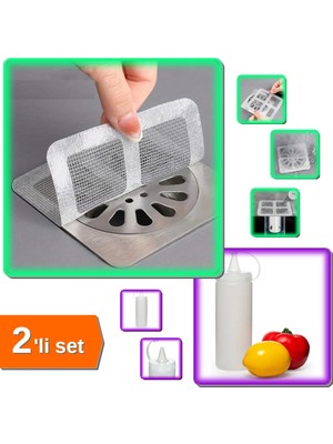 Hereveoyuncak 30 Adet Yapışkanlı Banyo Gider Koruyucu Saç Toplayıcı + Şeffaf Sos Şişesi 400 ml - 2li Set J0F6E3