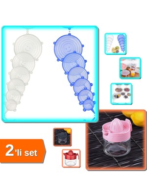 Hereveoyuncak Tazeliği Koruyan 6 Adet Silikon Kapak + Narenciye Limon Sıkacağı Cam Kavanoz 300 ml - 2li Set M3B3M9