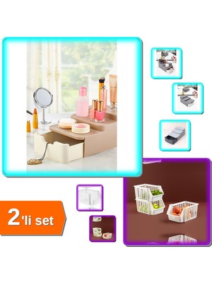 Hereveoyuncak Compact Çekmeceli Standlı Makyaj Organizeri + Katlı Düzenleyici - Kat Kat Düzenleyici - 2li Set P6T6