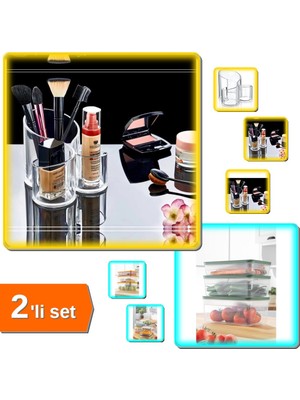 Hereveoyuncak Şeffaf 3 Gözlü Makyaj Organizeri + Tupper Model Vakumlu 3,8lt Mikrodalga Saklama Kabı - 2li Set W4H1