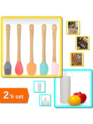 Hereveoyuncak 5 Adet Ahşap Saplı Renkli Silikon Spatula + Şeffaf Sos Şişesi 400 ml - 2li Set R6K8E4