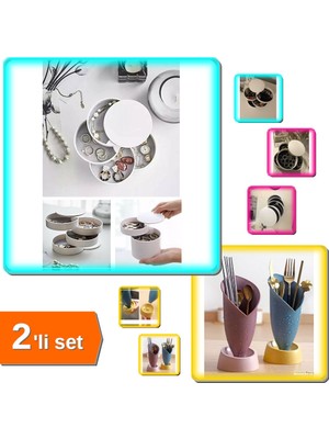 Hereveoyuncak 4 Katlı Dönebilen Silindir Takı ve Makyaj Organizeri + Lale Figürlü Tezgah Kaşıklık - 2li Set Y8P0N2