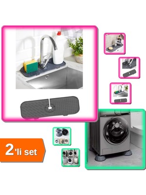 Hereveoyuncak Esnek Su Tutucu Musluk Matı + Çamaşır Makinesi 4 Adet Kayma ve Titreşim Engelleyici - 2li Set J3U0S7