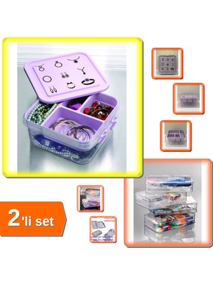 Hereveoyuncak Takı Dikiş Kutusu Saklama Kabı + Dolap Organizer Kutusu 2 Katlı - 2li Set K7V3D6