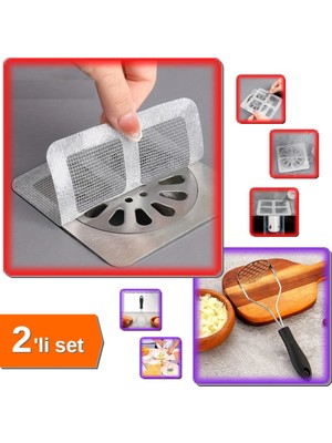 Hereveoyuncak 20 Adet Yapışkanlı Gider Koruyucu + Renkli Plastik Saplı Paslanmaz Metal Patates Ezici - 2li Set Z8W