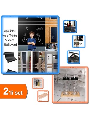 Hereveoyuncak Yapışkanlı Kara Yazı Tahta Sticker + Ahşap Yağdanlık Altlığı 2 Bölmeli Stand - Şişesiz - 2li Set X5Q
