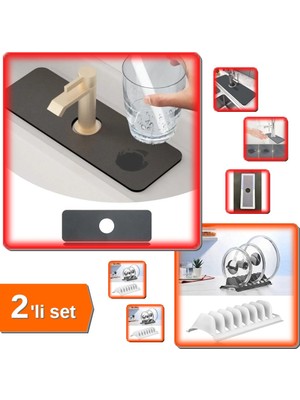 Hereveoyuncak Su Emici Sihirli Mutfak Banyo Musluk Matı + Beyaz 2 Adet 8 Bölmeli Tencere Kapak Rafı - 2li Set M2Q3