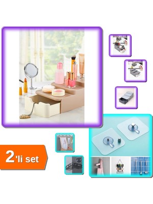 Hereveoyuncak Compact Çekmeceli ve Standlı Düzenleyici + 3 Adet Yapışkanlı Raf Tutucu Askı - 2li Set P3M9P1