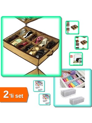 Hereveoyuncak 12 Bölmeli Portatif Ayakkabı Saklama Hurcu Model 2 + 10 Gözlü Akordiyon Organizer - 2li Set T6L1F2