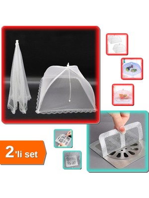 Hereveoyuncak Yiyecek Koruma Şemsiyesi + 20 Adet Yapışkanlı Banyo Saç Toplayıcı Gider Koruyucu - 2li Set A5H7G7