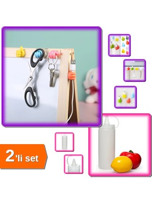 Hereveoyuncak 10 Adet Renkli Ok Işareti Kablo Tutucu Yapışkanlı Klips + 400 ml Şeffaf Sos Şişesi - 2li Set RM7Q2A