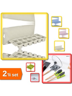 Hereveoyuncak 12 Adet Pratik Kapaklı Buz Kalıbı Buzluk + Kaşık Kepçe Altlığı Kapak Tutucu - 2li Set T3E0C1