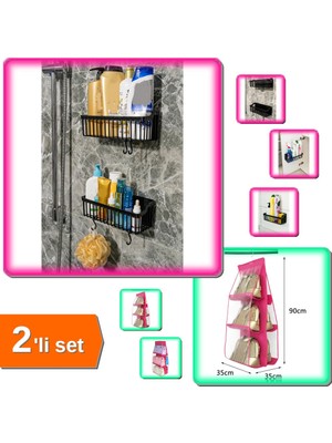 Hereveoyuncak 2 Adet Yapışkanlı Plastik Düzenleyici Raf Askılı + 6 Gözlü Pembe Dolap Çanta Askılığı - 2li Set S5Y2