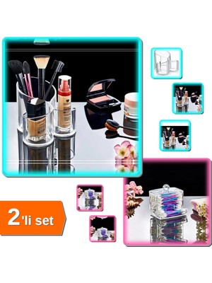 Hereveoyuncak Şeffaf Makyaj Organizeri 3 Gözlü + Pratik Kulak Çubuğu Kutusu - 2li Set B5W4B7